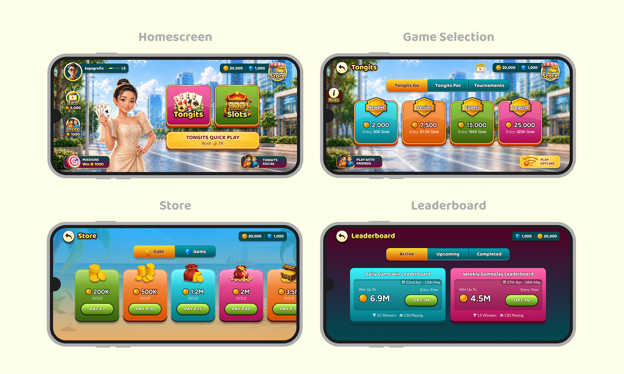 Final landscape-first home screen designs for TongitsHub